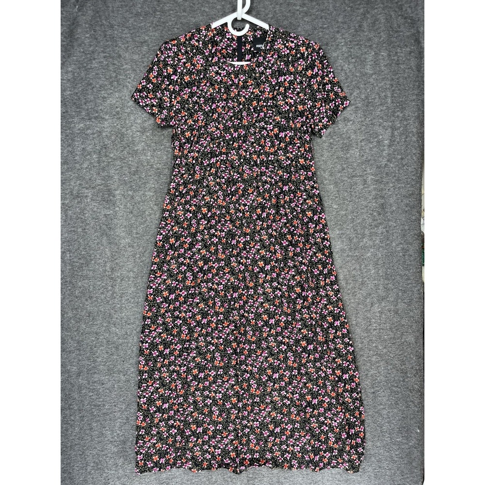 Vintage Positive Attitude Midi Dress Womens Petite 8P Black Pink Yellow Floral
